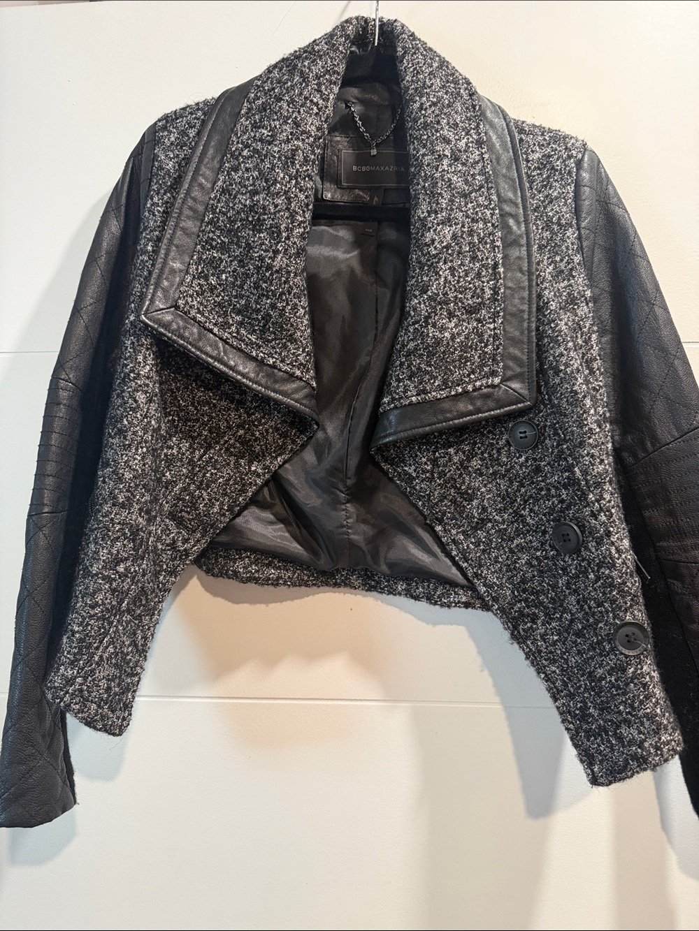 BCBGMaxAzria Gray & Black Cropped Mixed-Media Jacket